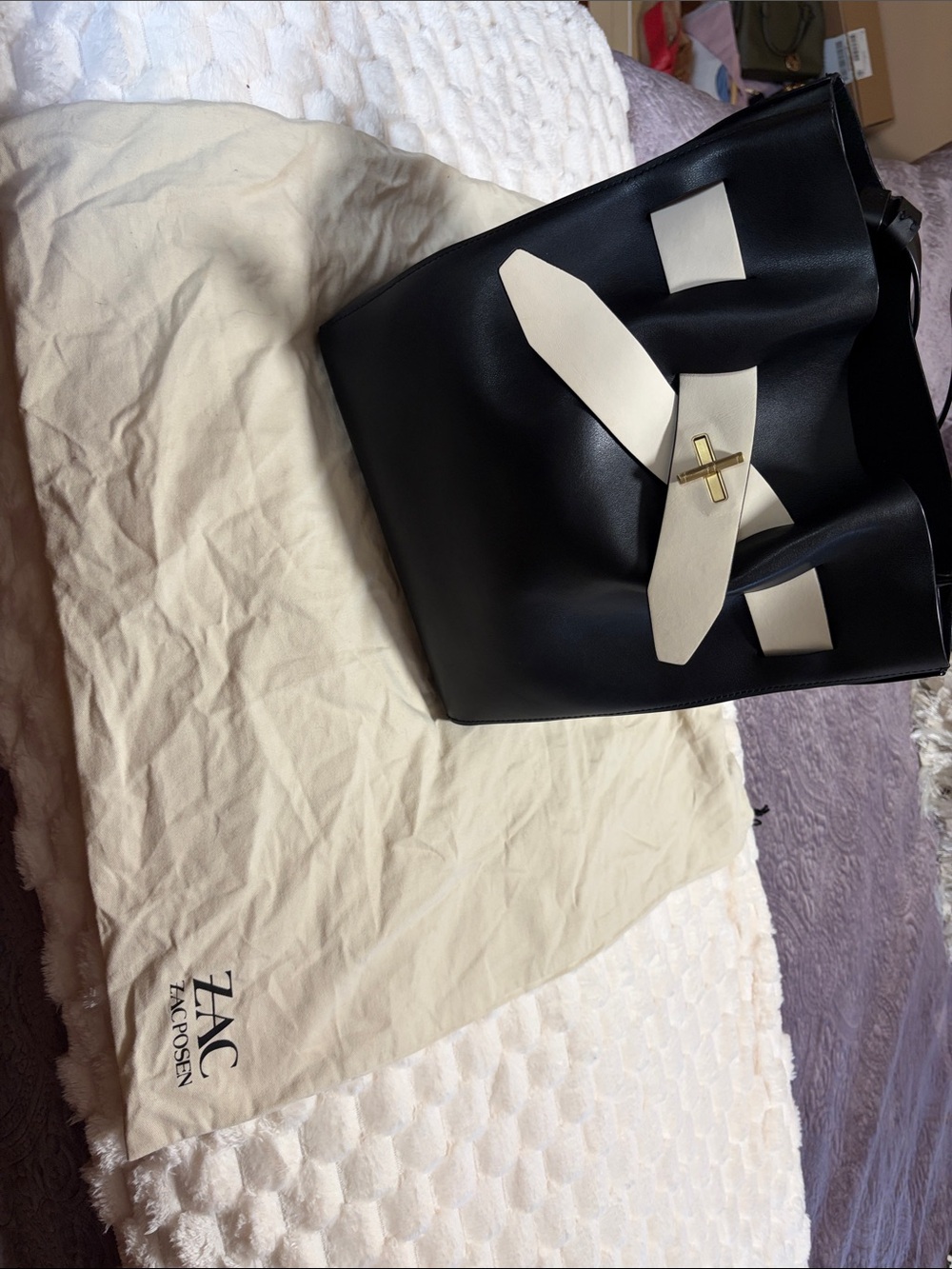 ZAC Zac Posen Black Tote with Cream Strap and Gold Accent